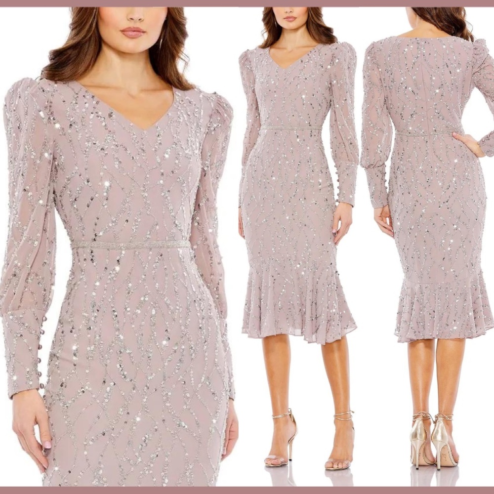 NWT Mac Duggal [ 16 ] Sequined V Neck Illusion Long Sleeve Trumpet Dress‎ Lilac